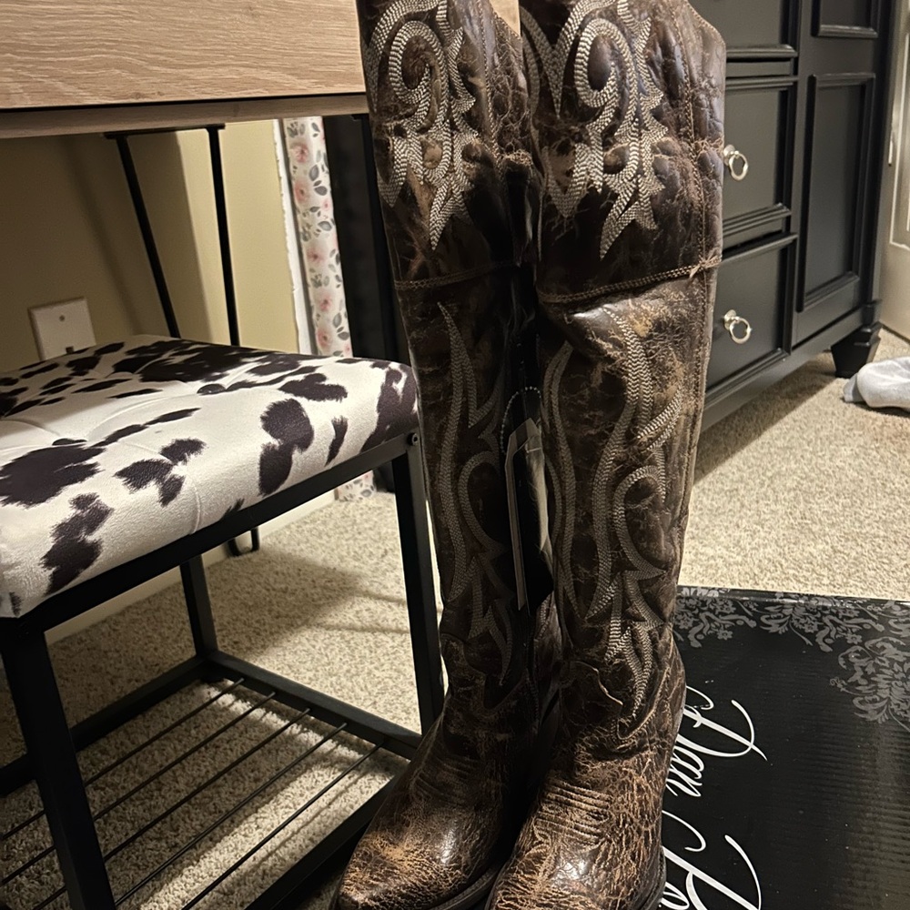 Dan Post Brown Western Heeled Boots with Intricate Design